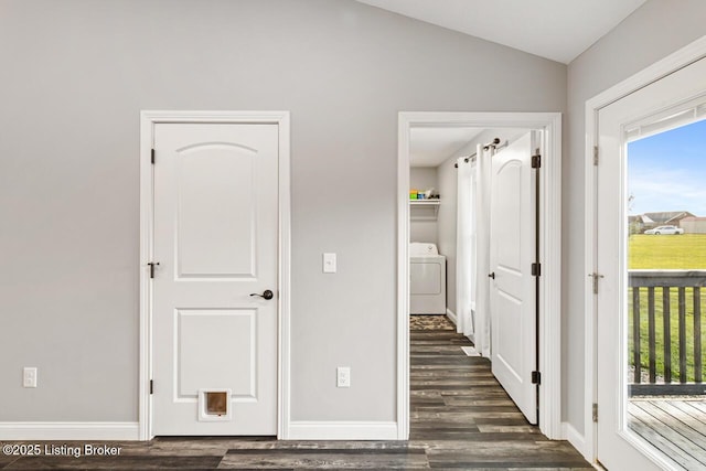 760 Leafdale Rd, Hodgenville, KY 42748 - hall with washer / dryer, dark wood-type flooring, vaulted ceiling, and baseboards