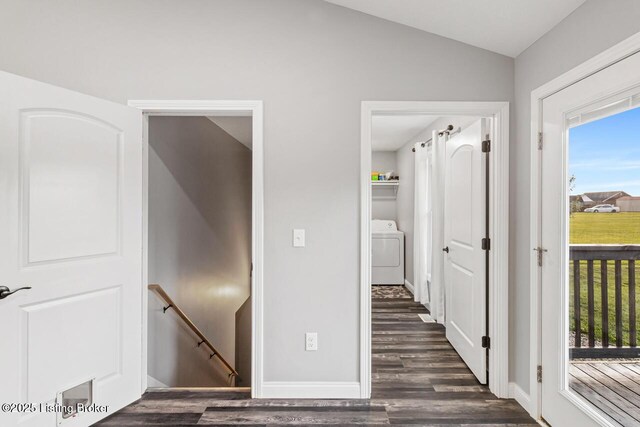 760 Leafdale Rd, Hodgenville, KY 42748 - hallway featuring washer / dryer, an upstairs landing, dark wood-type flooring, healthy amount of natural light, and lofted ceiling