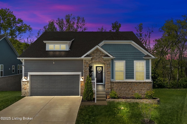 816 Snead Ct, Simpsonville, KY 40067 - craftsman-style home featuring stone siding, a yard, driveway, and a garage