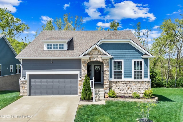816 Snead Ct, Simpsonville, KY 40067 - craftsman-style house featuring stone siding, a front yard, roof with shingles, driveway, and a garage