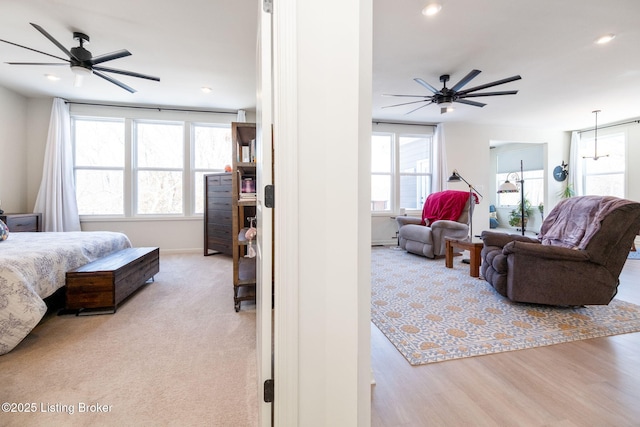 816 Snead Ct, Simpsonville, KY 40067 - bedroom featuring multiple windows, baseboards, recessed lighting, light wood finished floors, and ceiling fan