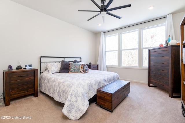 816 Snead Ct, Simpsonville, KY 40067 - bedroom with light carpet, lofted ceiling, baseboards, recessed lighting, and a ceiling fan
