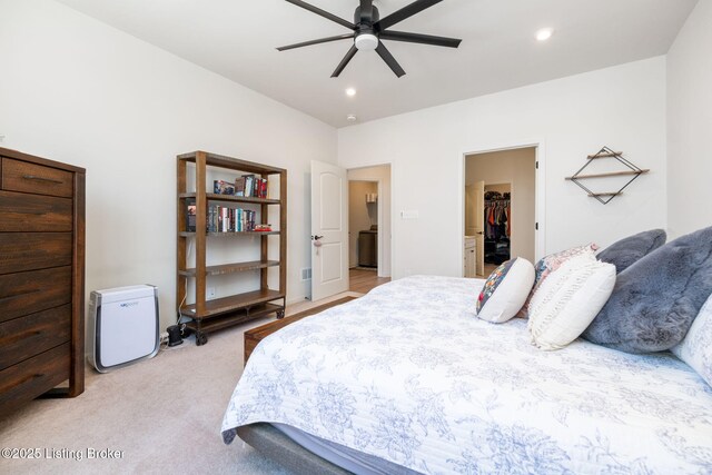 816 Snead Ct, Simpsonville, KY 40067 - bedroom featuring a walk in closet, light carpet, recessed lighting, a closet, and a ceiling fan