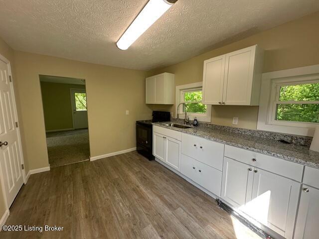 4515 Wolf Creek Rd, Battletown, KY 40104 - kitchen with electric range, a sink, dark wood finished floors, white cabinets, and a textured ceiling