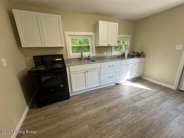 4515 Wolf Creek Rd, Battletown, KY 40104 - kitchen featuring electric range, a sink, white cabinetry, light wood-style floors, and baseboards