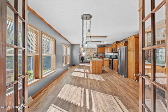 1210 Christian Church Rd, Brandenburg, KY 40108 - kitchen featuring appliances with stainless steel finishes, crown molding, healthy amount of natural light, a textured ceiling, and light wood-style floors