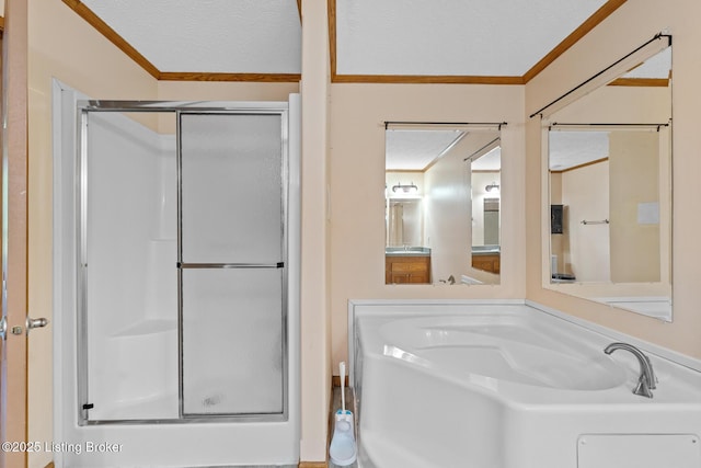 1210 Christian Church Rd, Brandenburg, KY 40108 - full bathroom with a shower stall, ornamental molding, and a textured ceiling
