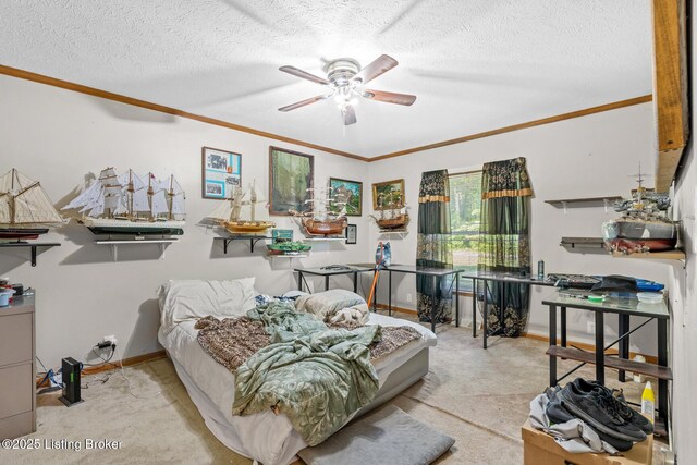 1210 Christian Church Rd, Brandenburg, KY 40108 - bedroom featuring ornamental molding, a textured ceiling, carpet, and baseboards