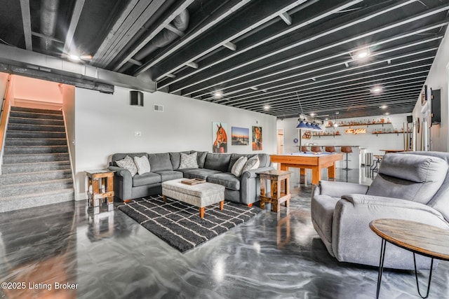 458 Christman Ln, Shepherdsville, KY 40165 - living room featuring concrete flooring and stairway