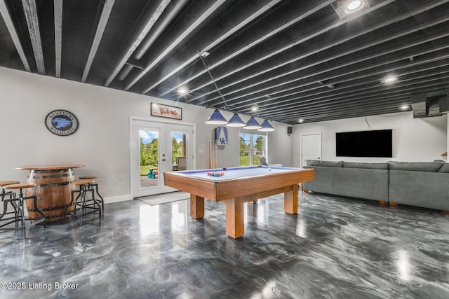 458 Christman Ln, Shepherdsville, KY 40165 - rec room featuring french doors, finished concrete floors, billiards table, and baseboards