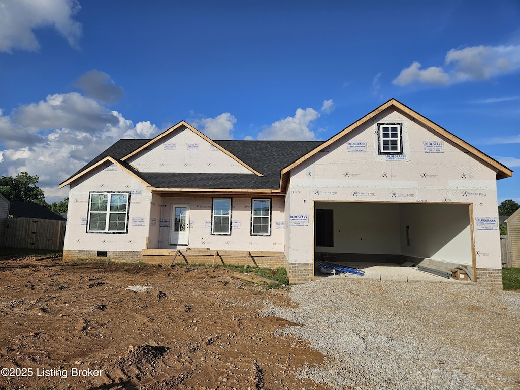 106 Blatina Dr, Vine Grove, KY 40175 - unfinished property with a garage, roof with shingles, gravel driveway, and crawl space