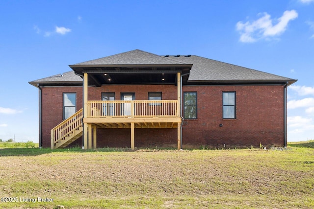 506 Capps Rd, Campbellsville, KY 42718 - back of house with brick siding, a lawn, stairway, a wooden deck, and a shingled roof