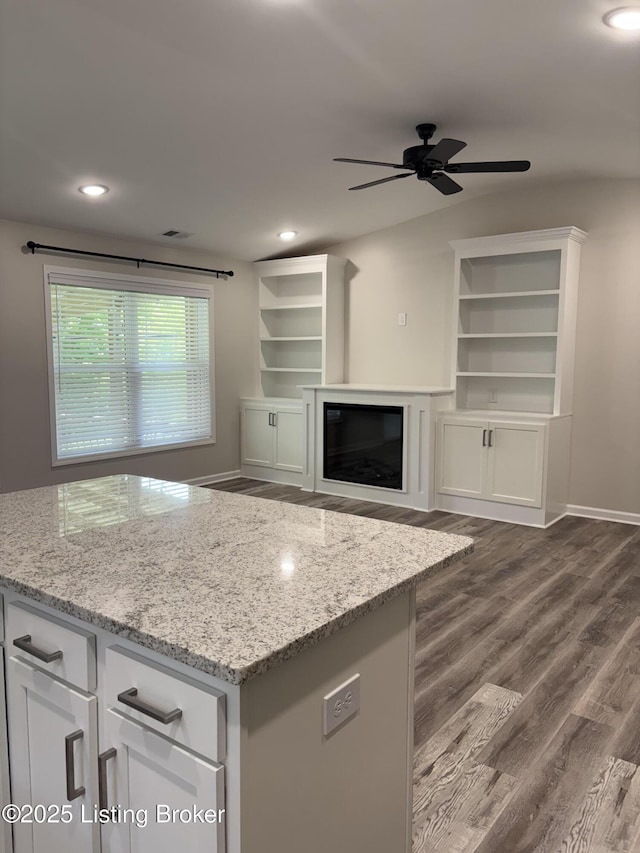 7997 Pikewood Field Way, Louisville, KY 40219 - kitchen with ceiling fan, light stone countertops, dark wood finished floors, open shelves, and recessed lighting