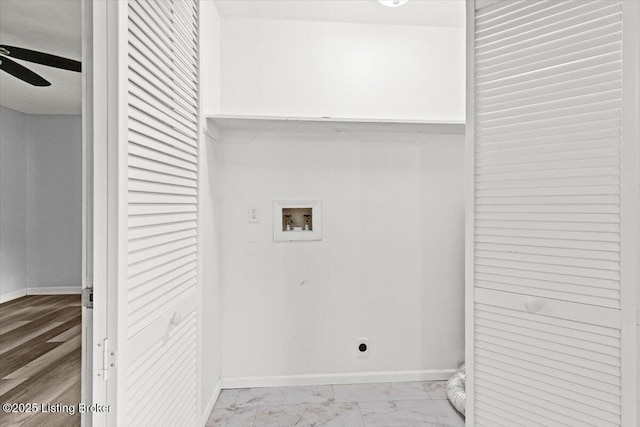 404 Diecks Dr, Elizabethtown, KY 42701 - washroom featuring hookup for a washing machine, hookup for an electric dryer, baseboards, ceiling fan, and marble finish floors