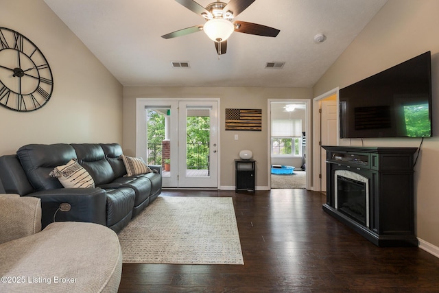 10207 Deer Vista Dr Unit 204, Louisville, KY 40291 - living room with lofted ceiling, ceiling fan, dark wood finished floors, baseboards, and a glass covered fireplace