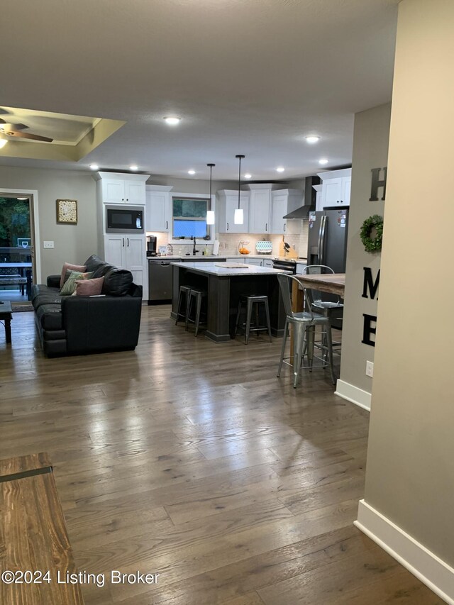 107 Clymene Rd, Cecilia, KY 42724 - living room with baseboards, ceiling fan, dark wood-type flooring, and recessed lighting