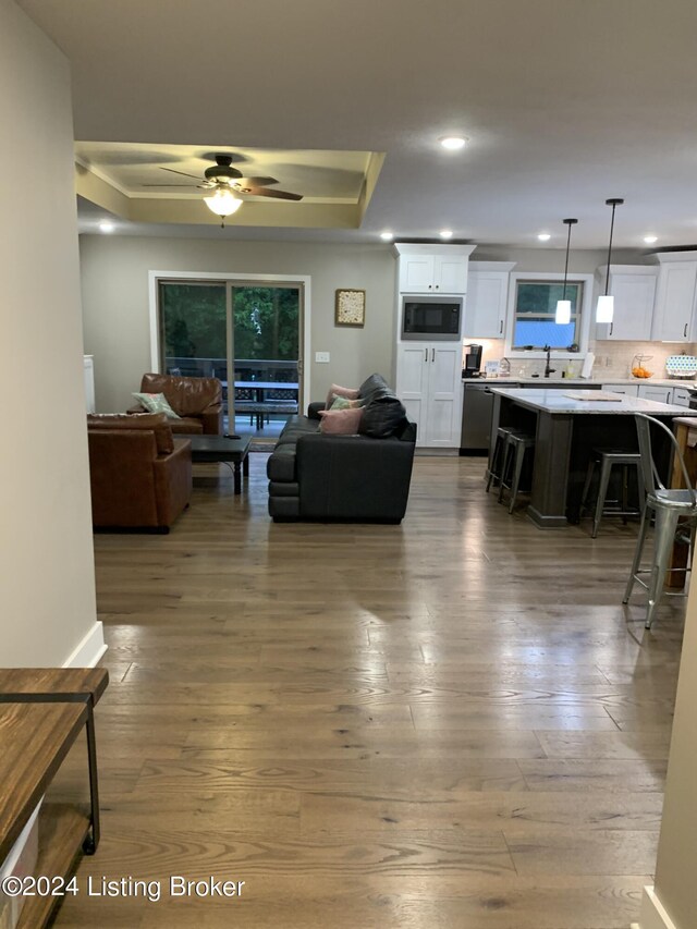 107 Clymene Rd, Cecilia, KY 42724 - living area with a raised ceiling, wood-type flooring, ceiling fan, and recessed lighting