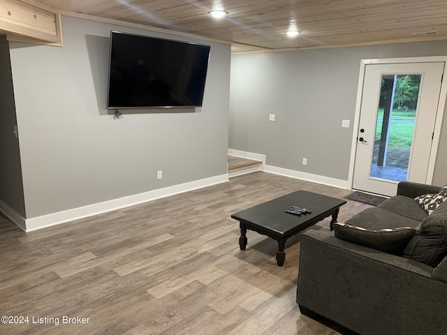 107 Clymene Rd, Cecilia, KY 42724 - living room featuring wooden ceiling, wood finished floors, and baseboards