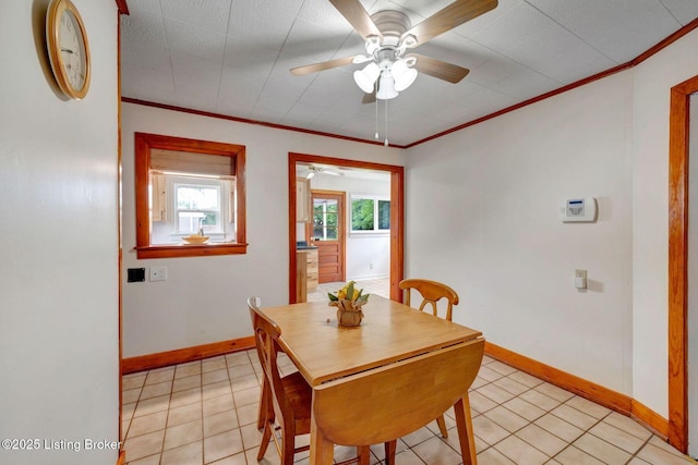4309 Cavelle Ave, Louisville, KY 40213 - dining area with ceiling fan, baseboards, crown molding, and light tile patterned floors