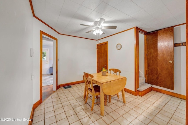 4309 Cavelle Ave, Louisville, KY 40213 - dining room featuring a ceiling fan, ornamental molding, baseboards, and light tile patterned floors