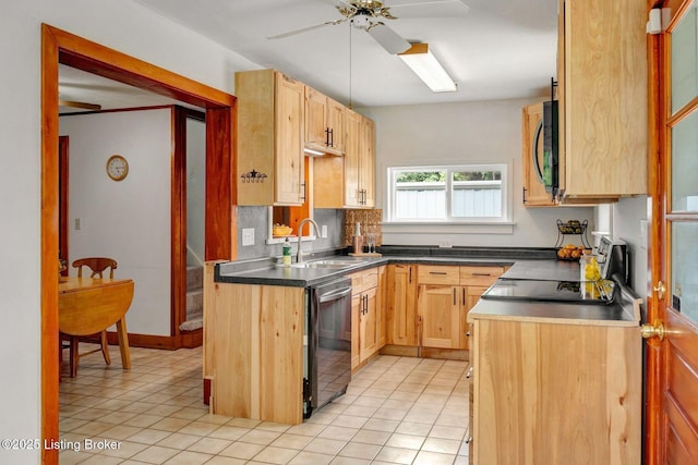 4309 Cavelle Ave, Louisville, KY 40213 - kitchen with a sink, stainless steel appliances, a ceiling fan, dark countertops, and light tile patterned floors