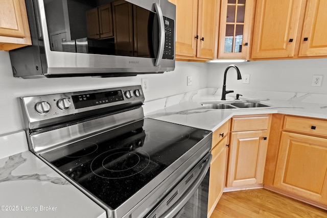 5106 Telford Ln, Louisville, KY 40241 - kitchen featuring stainless steel appliances, a sink, glass insert cabinets, light brown cabinets, and light wood-type flooring