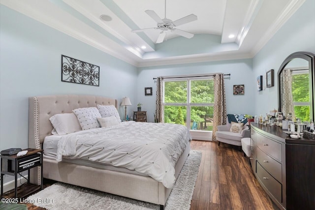 13318 Stepping Stone Way, Louisville, KY 40299 - bedroom with a raised ceiling, dark wood-type flooring, crown molding, recessed lighting, and ceiling fan