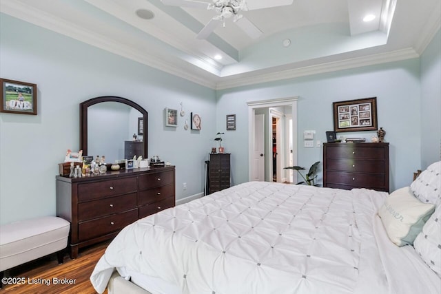 13318 Stepping Stone Way, Louisville, KY 40299 - bedroom featuring a raised ceiling, ornamental molding, recessed lighting, dark wood-style flooring, and ceiling fan