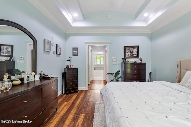 13318 Stepping Stone Way, Louisville, KY 40299 - bedroom with a tray ceiling, dark wood-style flooring, ornamental molding, recessed lighting, and arched walkways