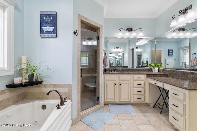 13318 Stepping Stone Way, Louisville, KY 40299 - bathroom with a tub with jets, a stall shower, crown molding, plenty of natural light, and vanity