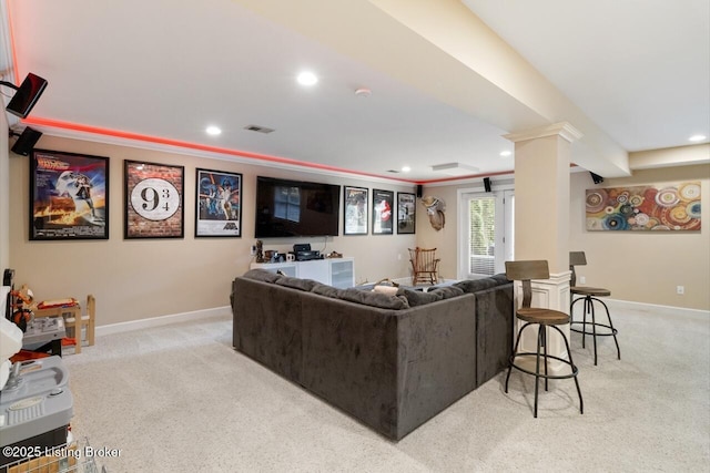 13318 Stepping Stone Way, Louisville, KY 40299 - living area with light colored carpet, recessed lighting, baseboards, ornamental molding, and decorative columns