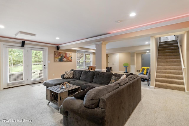 13318 Stepping Stone Way, Louisville, KY 40299 - living room featuring light colored carpet, stairs, healthy amount of natural light, recessed lighting, and ornamental molding