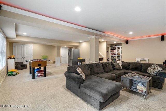 13318 Stepping Stone Way, Louisville, KY 40299 - living room featuring light colored carpet, ornamental molding, recessed lighting, and baseboards