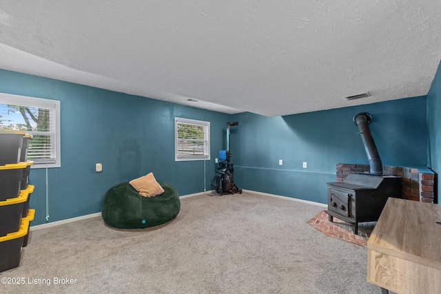 3802 Breckenridge Ln, Louisville, KY 40218 - sitting room featuring carpet floors, a textured ceiling, a wood stove, and baseboards