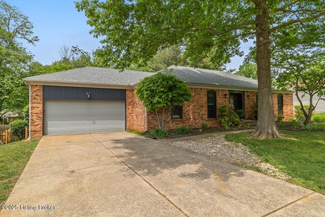 12115 Alpine Way, Goshen, KY 40026 - ranch-style home with brick siding, driveway, a garage, and a shingled roof