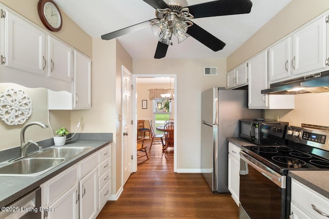 12115 Alpine Way, Goshen, KY 40026 - kitchen featuring stainless steel appliances, a sink, under cabinet range hood, dark wood-style flooring, and white cabinets