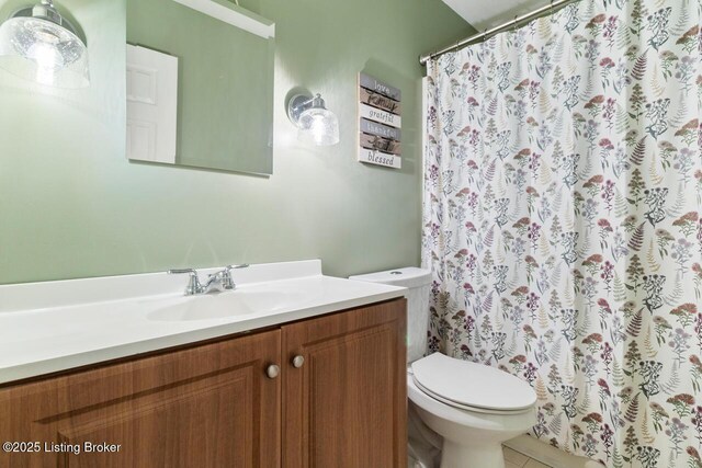 12115 Alpine Way, Goshen, KY 40026 - bathroom with vanity, toilet, a shower with shower curtain, and tile patterned flooring