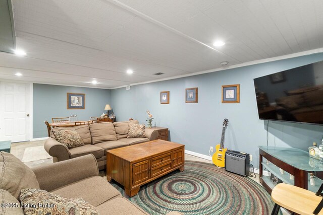 12115 Alpine Way, Goshen, KY 40026 - carpeted living area with recessed lighting, baseboards, and crown molding