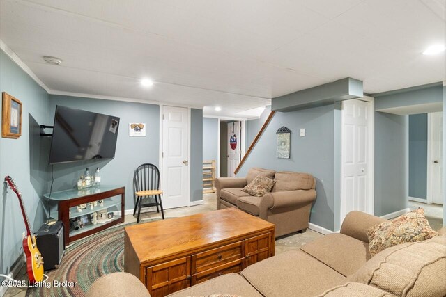 12115 Alpine Way, Goshen, KY 40026 - living room featuring baseboards, recessed lighting, and stairs
