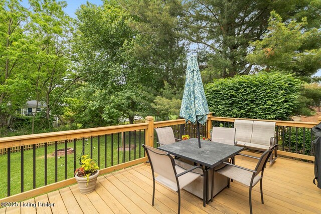 12115 Alpine Way, Goshen, KY 40026 - wooden deck featuring outdoor dining area, a yard, and view of wooded area