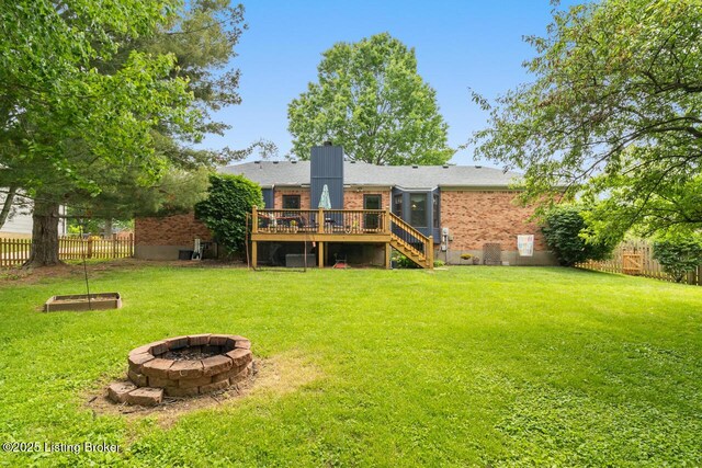 12115 Alpine Way, Goshen, KY 40026 - rear view of property with stairs, a fire pit, a deck, and brick siding