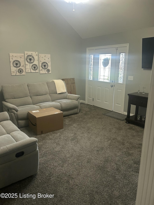 105B Twin Oaks Dr, Bardstown, KY 40004 - living room featuring lofted ceiling, baseboards, and carpet