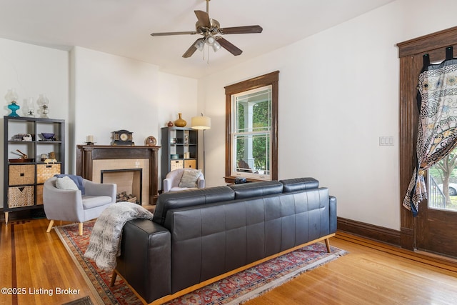 2023 Alta Ave, Louisville, KY 40205 - living room featuring light wood-style floors, plenty of natural light, a fireplace, and a ceiling fan