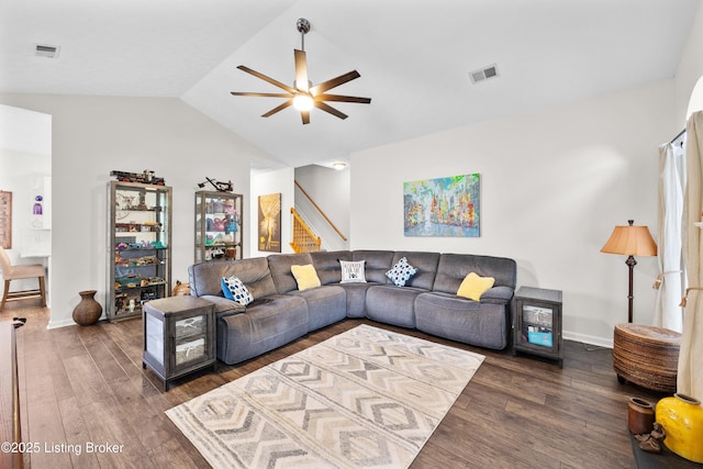 10119 Vista Springs Way, Louisville, KY 40291 - living area featuring ceiling fan, wood finished floors, stairs, lofted ceiling, and baseboards