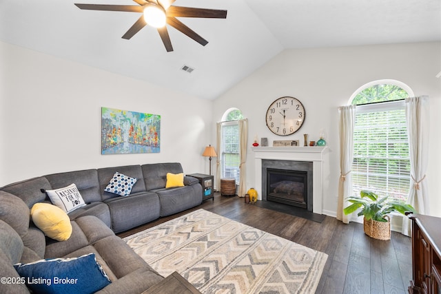 10119 Vista Springs Way, Louisville, KY 40291 - living room with a ceiling fan, healthy amount of natural light, dark wood finished floors, and high vaulted ceiling
