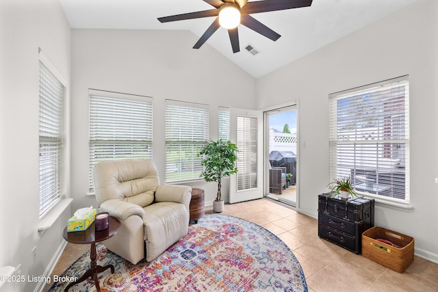 10119 Vista Springs Way, Louisville, KY 40291 - sitting room featuring a ceiling fan, tile patterned flooring, baseboards, and high vaulted ceiling