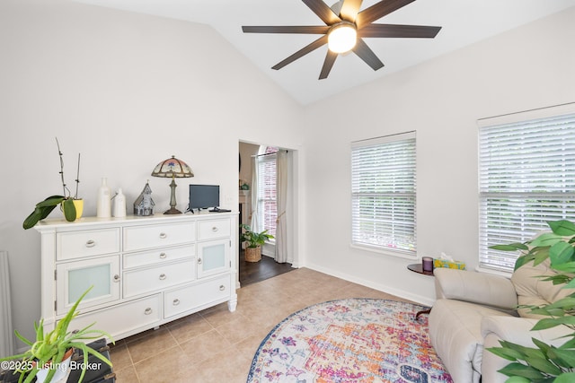 10119 Vista Springs Way, Louisville, KY 40291 - living area with a ceiling fan, vaulted ceiling, light tile patterned floors, and baseboards