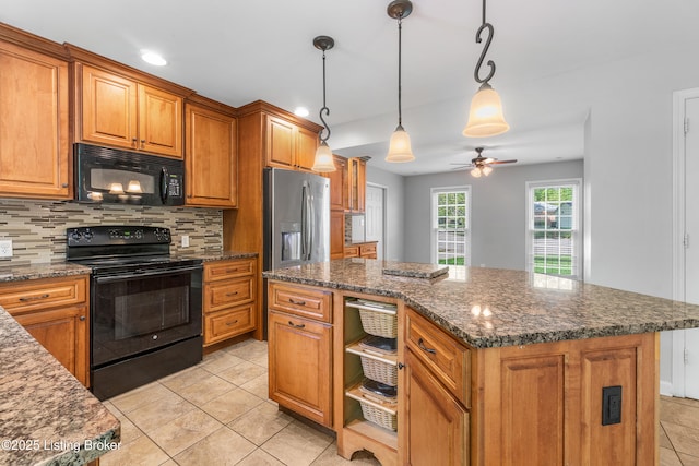 1312 Pollitt Ct, Louisville, KY 40223 - kitchen featuring black appliances, brown cabinetry, a ceiling fan, a center island, and recessed lighting