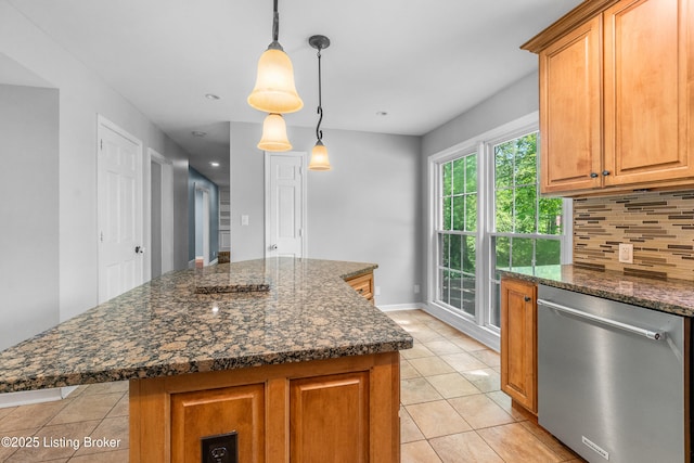 1312 Pollitt Ct, Louisville, KY 40223 - kitchen with dishwasher, backsplash, light tile patterned floors, baseboards, and a center island