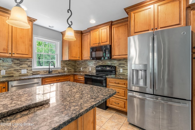 1312 Pollitt Ct, Louisville, KY 40223 - kitchen featuring black appliances, a sink, light tile patterned floors, decorative backsplash, and recessed lighting